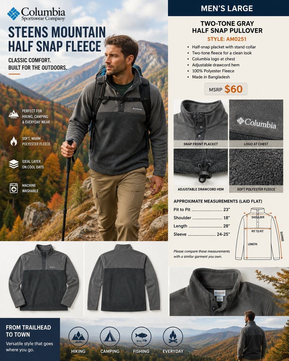 Columbia Men’s Sz L Gray Fleece Pullover Snap Neck Outdoor Hiking Cozy Jacket